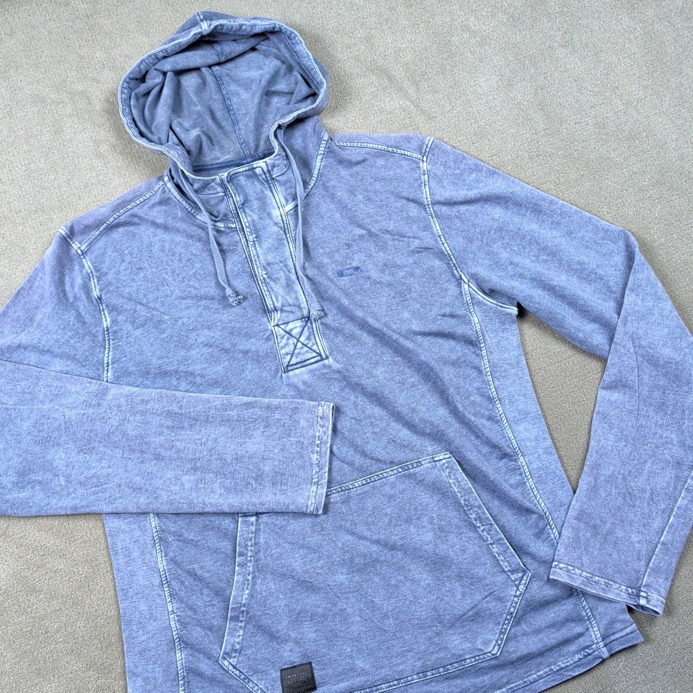Oakley Hoodie Mens Large Blue Acid Wash Pullover Button Neck Lightweight Logo